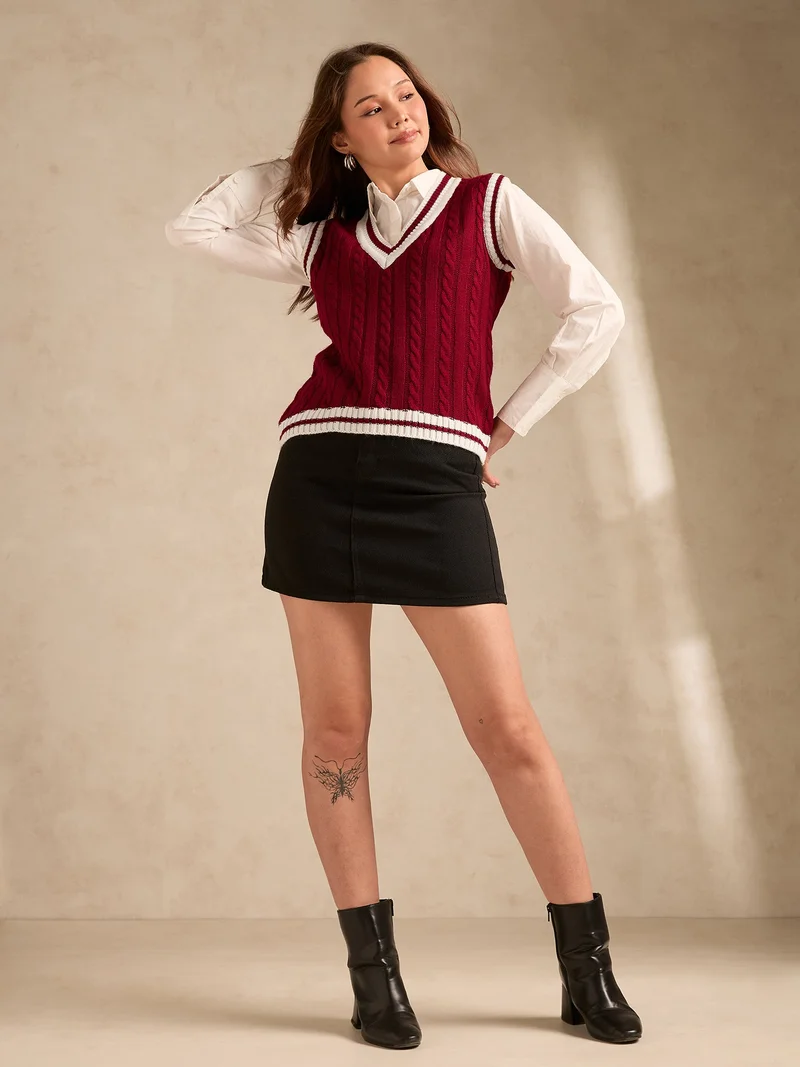 Outzidr Red Red Varsity Contrast Tipping Sweater for Women | Best Price UAE